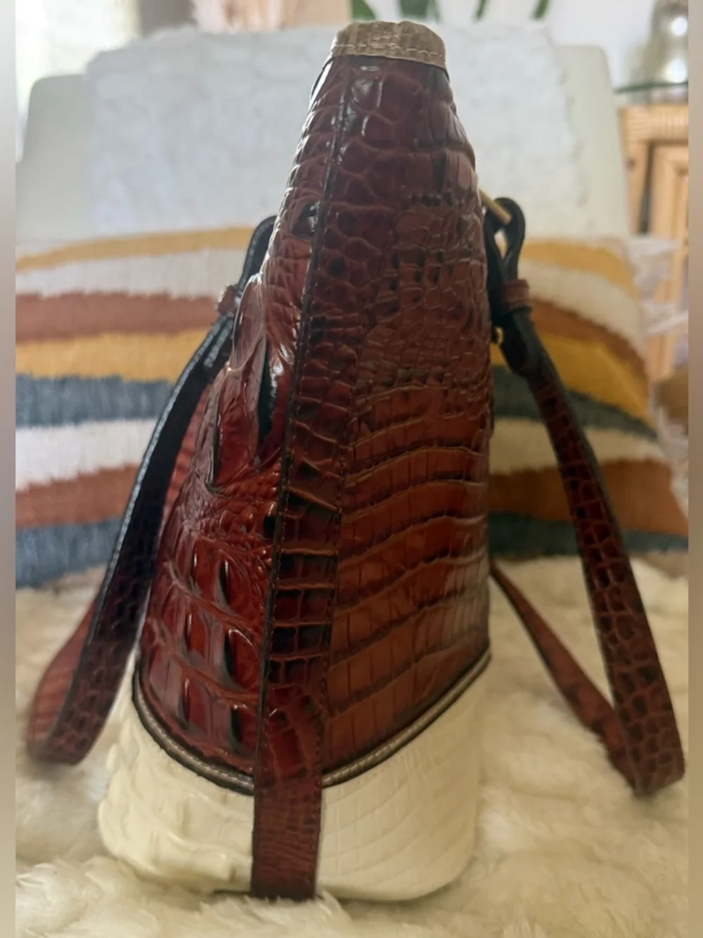 Brahmin Asher Tote Pecan Cream Croc Embossed Leather Bag VGUC - Picture 8 of 16